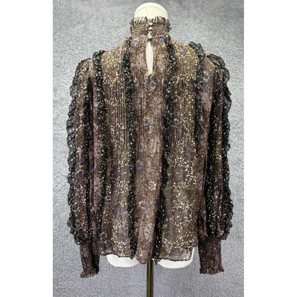 Ulla Johnson Womens 4 Silk Chiffon Blouse Metallic Floral Smocked Ruffle Boho